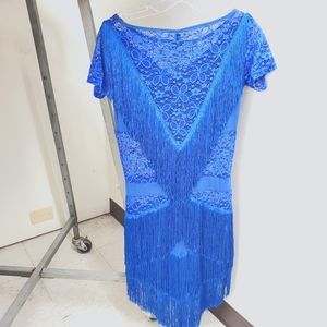 Womens Latin Dance Fringe Tasseled Lace Dress Size L
